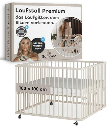 Sämann Laufstall Baby mit Matratze Cloud Air & Lattenrost | stufenlos höhenverstellbar | Laufgitter Premium | Babybett aus Holz | Krabbelgitter (sahara dust, 100x100 cm)