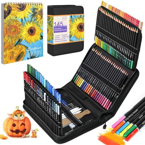 MIAOKE 145 Pcs Set de Dessin un Carnet de Croquis, Fournitures d'Art avec Crayons, Du Graphite, Des Crayons De Couleur Et Des Stylos à Croquis Pour Les Artistes DéButants