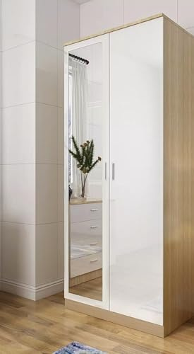 Comfy Living Modern 2-Door Wardrobe with Mirror, High Gloss Finish (Oak/White)