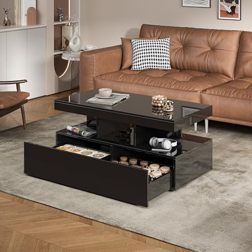 TIMORWTF Table Basse Rectangulaire,Table Basse Moderne avec 2 Tiroirs de Rangement et Éclairage LED,avec Étagères Ouvertes,Haute Brillance Moderne,104x53x46cm, Noir