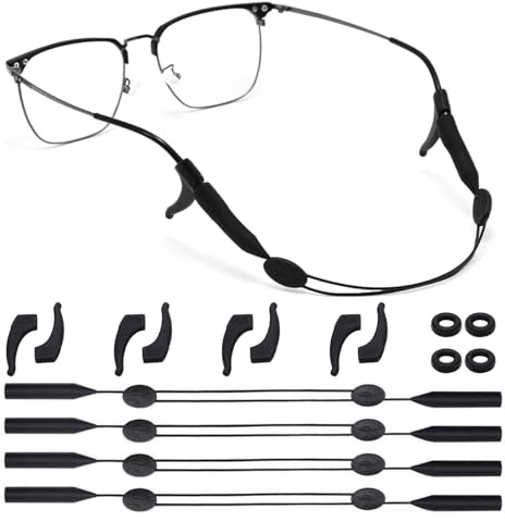 4x Cordon Lunettes Sport Réglable Anti-Glisse 4 paires de crochets de branches de lunettes et 2 paires de cadres de lunettes en silicone- Silicone Doux pour Hommes/Femmes- Loisirs & Sports (Noir)