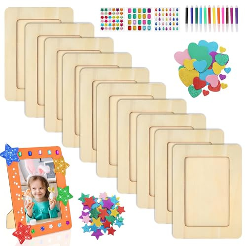 Euablfo 10 Pcs Cadre Photo Bois Kit,Bricolage Cadres Photos pour Enfant,avec Autocollants Diamants Set Paillettes 12 Stylo aquarelle pour Cadres Photo DIY,Projets de Peinture 20x15cm