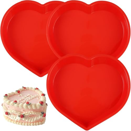 3PCS Moule à Gâteau en Silicone en Forme de Cœurm, Forme de Cœur Moules de Cuisine Antiadhésifs, Moules à Gâteau en Silicone en formee de Cœur de 22 cm, Moule Gateau Coeur pour Buddings et Gelée