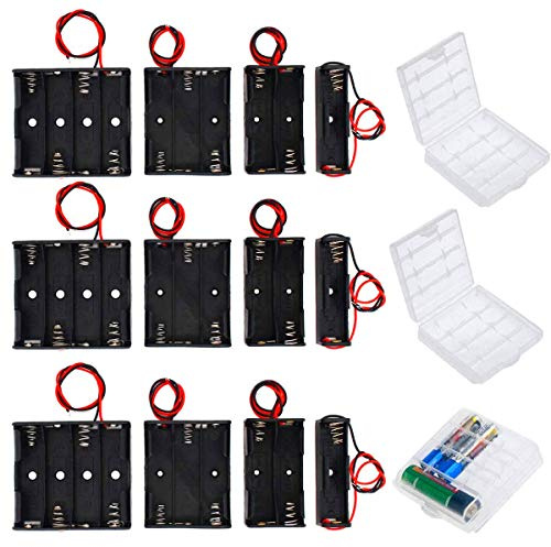 HUAZIZ 12x AA Batterie-Halter Aufbewahrungsbox + 3 Stück Aufbewahrungsbox | 1,5V 3V 4,5V 6V, Batterie-Organizer mit Draht-Leads, Für AA und AAA Batterien und Akkus, ABS Kunststoff