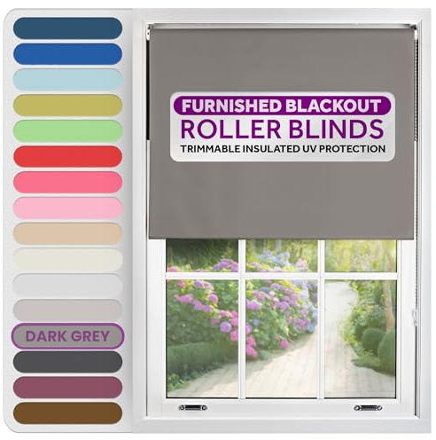 FURNISHED Roller Blinds Thermal Blackout Roller Blind - Trimmable Insulated UV Protection Child Safe Easy Fit Home Office Window Blinds, Dark Grey, 45W x 165H cm