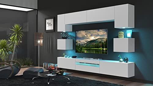 Furnitech Wohnwand Wohnzimmer Möbel mit LED RGB - 16 Farben - Hängend Wohnwand Modern - Wohnzimmer Schrankwand mit Regale und TV Schrank (Besta GAN1-17W-M8-1B Matt)