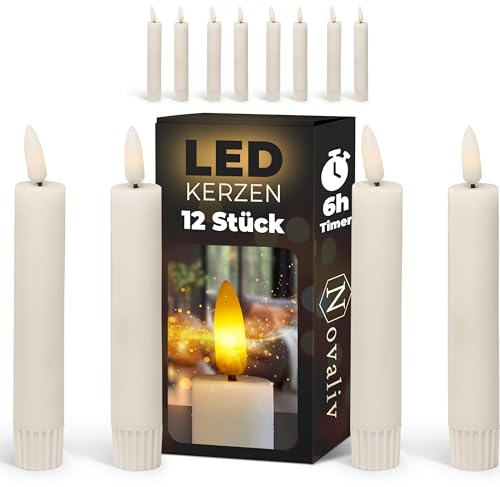 Novaliv LED Stabkerze mit Timerfunktion 12er Set - Weiße Stabkerze LED bewegliche Flamme Timer - 12,5cm Höhe für 2,2cm Durchmesser / 2 AAA Batterien notwendig - True Glow LED Kerzen Stabkerze