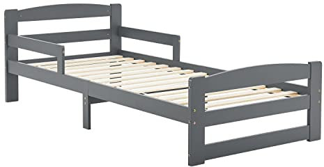 Juskys Jugendbett Arona 90x200 cm mit Lattenrost - Bettgestell aus Massivholz - Einzelbett mit Rausfallschutz - Stauraum unter dem Bett - Grau