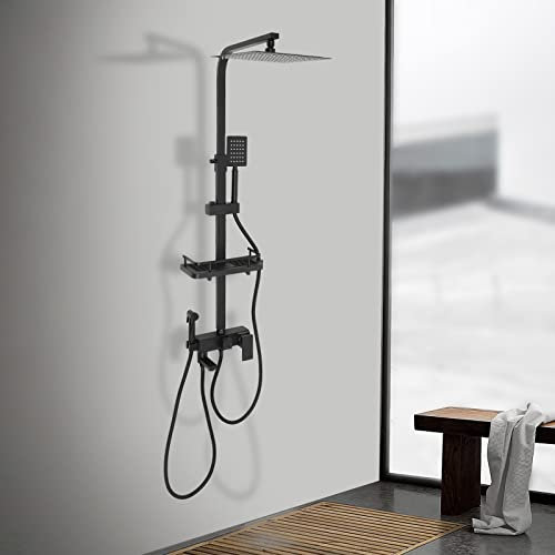 Modern Regendusche Set mit Ablage, Duscharmatur Duschsystem Edelstahl Duschpaneel, Höhenverstellbar, Schwarz