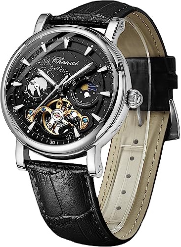 FORSINING Men's Watch Luminous Starry Sky with Moon Phase Tourbillon, Mechanical Automatic Self-Wind Fashion Watches, Stainless Steel Case Leather Belt Wristwatch, Silver Black