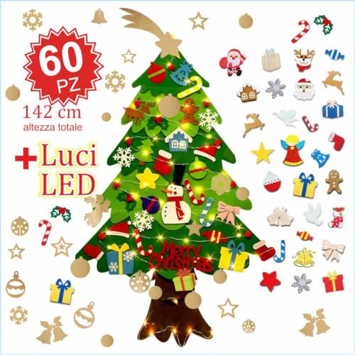 Meridiana - Albero Natale Feltro 142 Cm + 60 Pezzi staccabili e Luci LED, Albero Di Natale Montessori, Educativo, Alberi di Natale Bambini, ideale Regali Di Natale