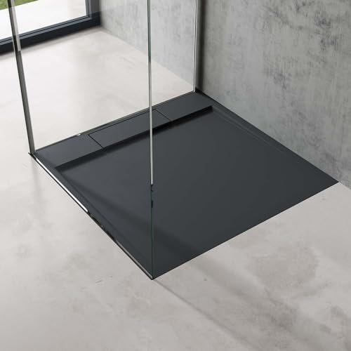 doporro Duschtasse Duschwanne 90x90x4 flach Mineralguss in Anthrazit inkl. Ablaufgarnitur AL06 DIN-Anschlüsse für bodenebene Montage geeignet Geoma04