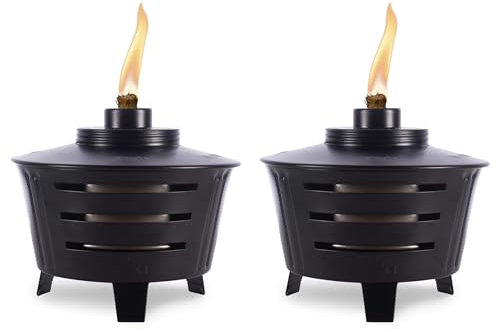 TIKI Mini Fire Pit Tabletop Torch 2-Pack, Outdoor Decorative TIKI Torch for Patio, Backyard, and Garden, Black Metal Tabletop Flame Torch, Includes Long Lasting Wick and Snuffer