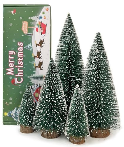 MTKZKAF 5 Stück Tisch-Weihnachtsbaum-Flaschenbürste mit Holzsockel für Dorf, Urlaub, Party, Weihnachten, Tischdekoration