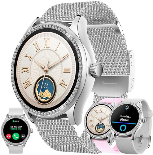 Smartwatch Damen mit Telefonfunktion Alexa Integriert, 1,38 Diamant IP68 Sportuhr mit 100+ Sportmodi, Herzfrequenz Blutdruckmessung, Schrittzähler, 3 Uhrenarmband, Fitnessuhr für iOS Android (Silber)
