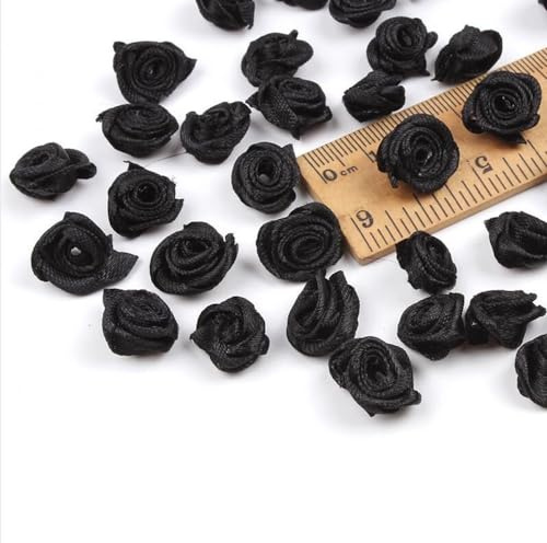 Whakano 200 Stück Mini Künstliche Blumen Rosenköpfe 1,5cm,Satin Röschen zum Basteln,Blumen Applikationen,Deko-Rosen,kleine Rosenköpfe für Valentinstag,Muttertag,Hochzeit,Party,Home Deko,Schwarz