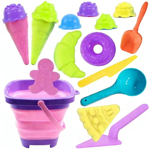 Lubibi Foldable Bucket Beach Toy Set for Kids, Outdoor Water and Sand Toys With Plastic Baking Toys 10 PCS Baking Moulds, Sand Beach Toy For Spring Summer Holiday For Boys Girls 4 5 6 7