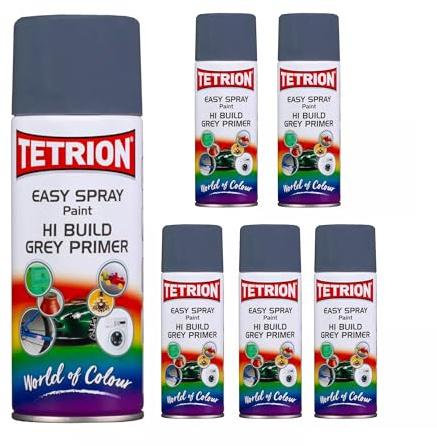Tetrion Easy Spray Hi Build Grey Primer Spray Paint 400ml – 6 Pack for Interior & Exterior Metal, Wood, MDF, Ceramic, Plastic Surfaces Quick-Drying