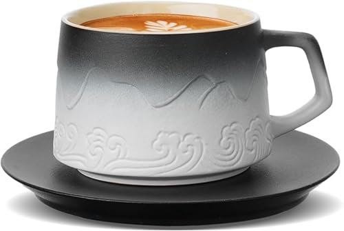 200 ml tazze da cappuccino con set di piattini, tazze da caffè e caffè in rilievo artistico, gradienti dipinti a mano, tazze da caffè in gres porcellanato, regali per gli amanti del caffè, tè