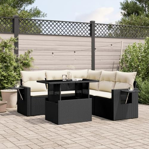 Rantry 6-TLG. Trädgårdssoffa med kudde, balkongmöbler, trädgårdssoffa, trädgårdsmöbler, set, loungesoffa, modulär terrasssoffa, sittgrupp med bord, utemöbler, svart och krämvit, poly rotting