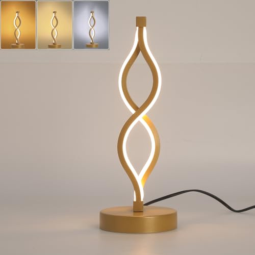 Mengjay Tischlampe Dimmbar Nachttischlampe, Led Wohnzimmer Tischleuchte 6W Modern Spiral Design, Warmweiß Kaltweiss 3 Farbmodi, für Schlafzimmer, Büro, Wohnzimmer (Gold)