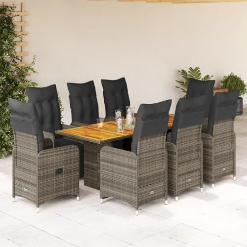 Gecheer Bistro-Set Garten Sitzgruppe, Gartensessel Stehtisch Set mit Stühlen, Grau Poly Rattan, Akazienholz Tischplatte, Abnehmbarer Bezug, für Balkon und Garten