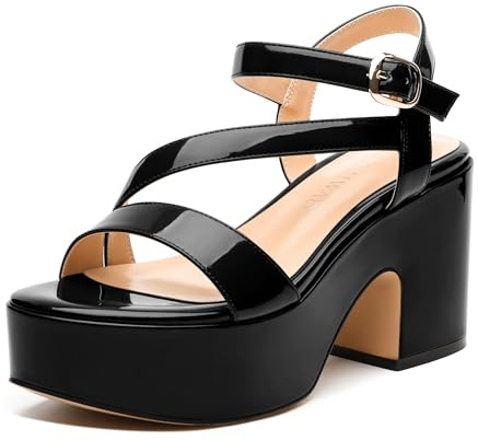 RLYGHWAO Womens Wedge Sandals, Round Toe Platform Sandals, Adjustable Strap with Buckle Fashion Solid Heeled Sandal for Work Wedding Party, Black Patent, 2 UK