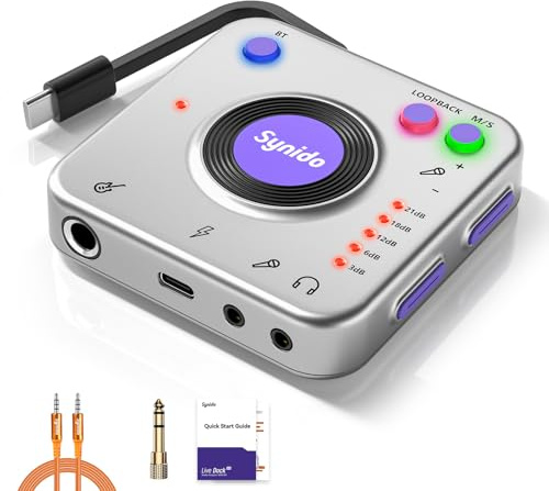 Synido Portable Guitar Audio Interface, 24-bit/96kHZ Audio Adapter with USB-C, Inst./Headphone Ports for Live Streaming, for DJ Set Audio Recording, for iPhone/iPad/Android/Mac/PC/Laptop, (A20)