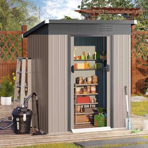 YODOLLA Petit Abri de Jardin en Métal 1,44 m²，Cabane de Jardin Exterieur avec 2 Portes Coulissantes，Rangement Outils 164 x 96 x 180cm (Gris)
