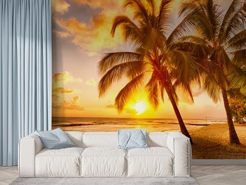 Boceoey Papier Peint Panoramique Palmiers Coucher De Soleil - Papier Peint Intissé Autocollant - Océan Tropical Décoration Murale - Adhésif Mural pour Salon Chambre, 450x315 cm - N-346