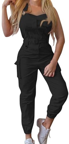 FUPODD Overall Damen Sommer Lang Arbeitsoverall Cargo Latzhose Rückenfrei Arbeitshose Mit Gürtel Jumpsuit Träger Verstellbare Schnallen Jumpsuits Elegant Playsuit Mit Tasche Einteiler Frauen Luftig