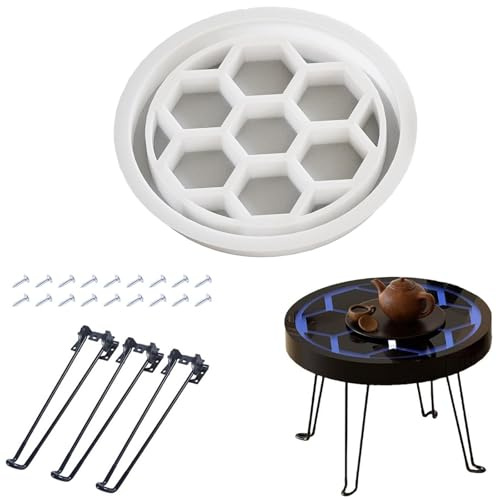 13 Large Silicone Honeycomb Table Tray Resin Epoxy Mold + 3 Set Metal Legs | Round Cutting Board Tray Casting Molds, Coffee River Table, Modern Desk Night Stand Mould, DIY Home Art Decor Agate Cement
