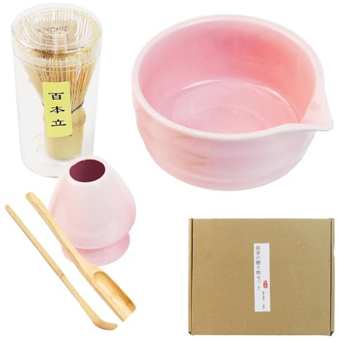 LIIGOU Matcha Set 5PCS Japanese Matcha Kit with Bamboo Matcha Whisk & Scoop Ceramic Matcha Bowl & Holder Matcha Tea Set Accessories for Traditional Japanese Ceremony Tea Gift for Matcha Lover (Pink)
