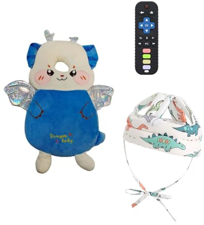PLOVZ Baby Head Protector Backpack Head Protection Pillow, Baby Helmet for Crawling Walking and Baby Teething Toys 3Pcs Set (Royal Blue Dragon)
