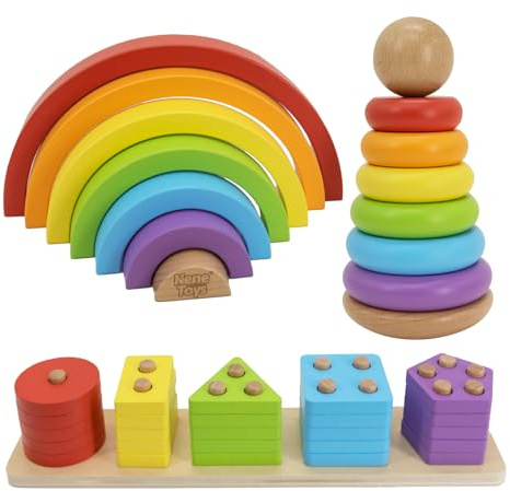Nene Toys Jouet Montessori en Bois 3-en-1 pour Bébé 1 an – Arc-en-Ciel en Bois, Tour à Empiler & Jeu d’Encastrement – Jouet Motricité Fine Enfant 1–3 Ans – Cadeau Fille Garçon – Couleurs Classiques