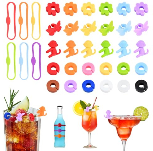 Aohyue 36 Stück Glasmarkierer Set, 6 Farben 5 Stile Glas Markierung, Wiederverwendbare Weinglas Marker Trinkgläser, Für Party Hochzeit Bar, Bunte Silikon Marker