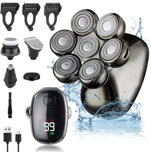 Anluomania 5 en 1 Rasoir Electriques Hommes, 7D Rasoir Tête Chauve Homme Portables, Étanche Tondeuse Crane Chauve Sec & Humide, Tondeuse Cheveux Hommes avec Écran LED, pour Tondre Les Cheveux, Barbe