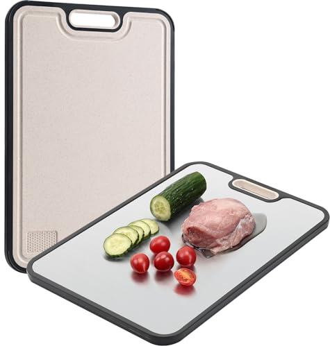 Tabla de cortar grande de titanio y paja de trigo – Tabla de cocina antideslizante de doble cara, sin BPA, con ranura para jugo, fácil de limpiar, también como tabla de desayuno