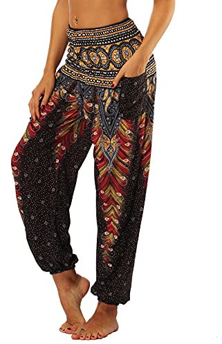 Nuofengkudu Baggy Indian Hippie Pants for Women Boho Vintage Floral Patterned Elasticated High Waist Black Peacock Print Comfortable Harem Pyjama Trousers for Yoga Summer Beach(Size: One Size)