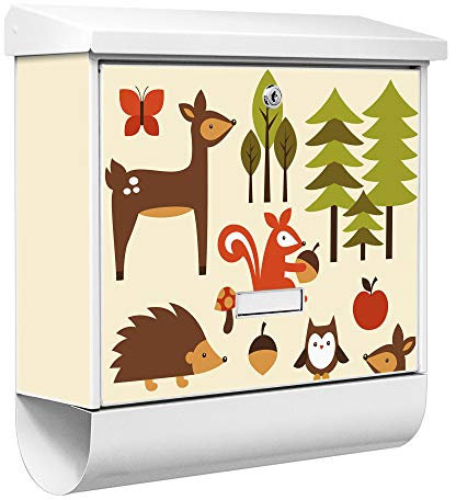 banjado® Burgwächter Briefkasten Weiß 38x39x12cm mit Motiv Waldfreunde/Briefkasten mit Zeitungsfach/Briefkasten mit Zeitungsrolle/Postkasten inkl. Montagematerial & 2 Schlüsseln