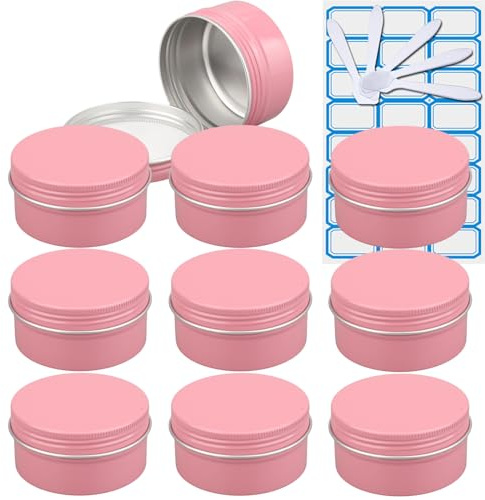 ZEOABSY 10 Stück Leere 80 ml Rund Rosa Aluminium Schraubdose Cremedose Alu-Tiegel Dosen mit Schraub-Deckel 5ml Aludose Blechdosen für Kosmetik Kerze Salben mit 5X Löffel 1x Etikette