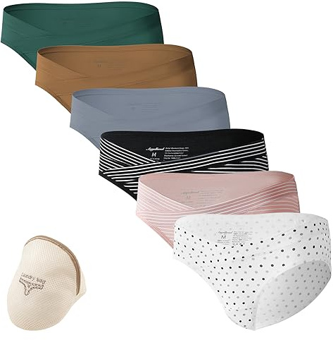 HBselect 6er Unterhosen Damen für Schwangere Unterwäsche Höschen Schwangerschaft Postpartum Slip Dunkel, Tupfen und Streifen L