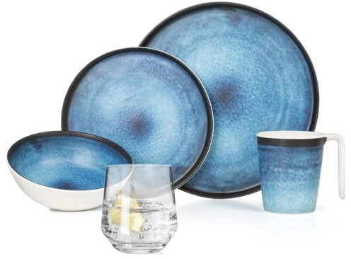 Melamin Camping Geschirr Set 4 Personen Deep Ocean + 4 Milano Gläser Wassergläser Tafelgeschirr Picknick BBQ Kochgeschirr