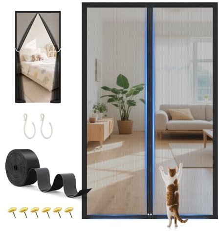 Zanzariera magnetica per porta del balcone CS COSDDI, 90 x 220 cm, chiusura magnetica senza lacune, per zanzariera e porta del balcone, senza forature, antistrappo, Nero