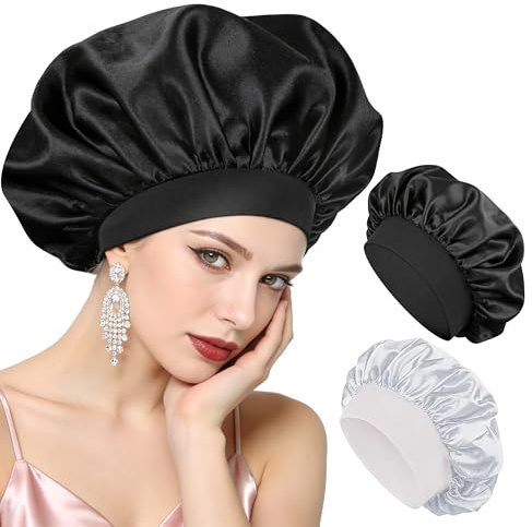 Seidenhaube zum Schlafen 2 Stück Satin Haarhaube, Haarhaube für die Nacht, Bonnet Seide für Locken Glatte Haare, Anti-Frizz Weiche Bonnet - Schwarz + Silber + 2 Haargummis