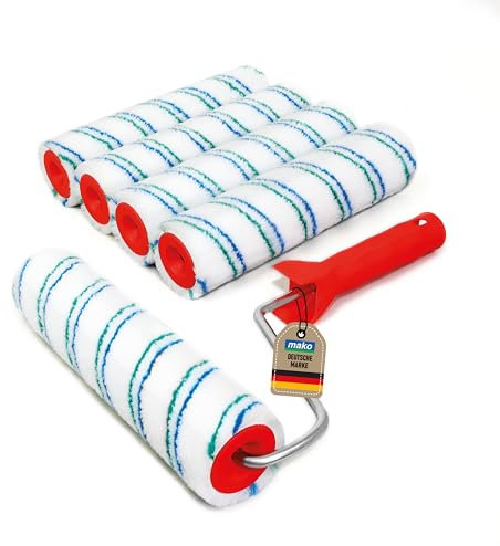 5x mako easytex PROFI Malerwalzen-Set 25 cm – Farbwalzen inkl. Rollerbügel, für Wand- & Fassadenfarben, ergonomisch, aufsteckbar, für glatte & leicht strukturierte Untergründe
