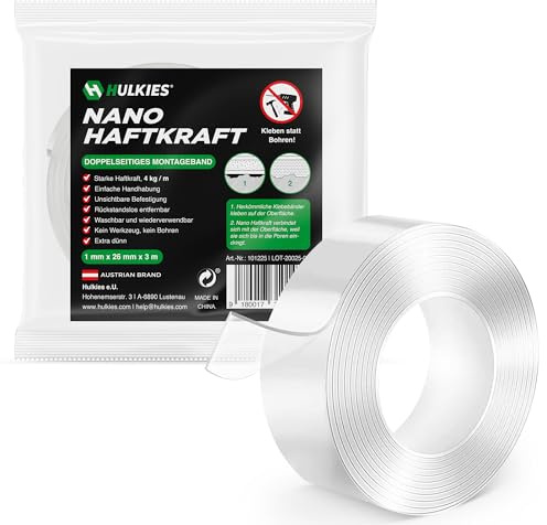 Hulkies Nano Haftkraft Montageband doppelseitiges Klebeband Klar-1mm 26mm 3m extra stark, rückstandsfrei, wiederverwendbar, Kleben statt Bohren