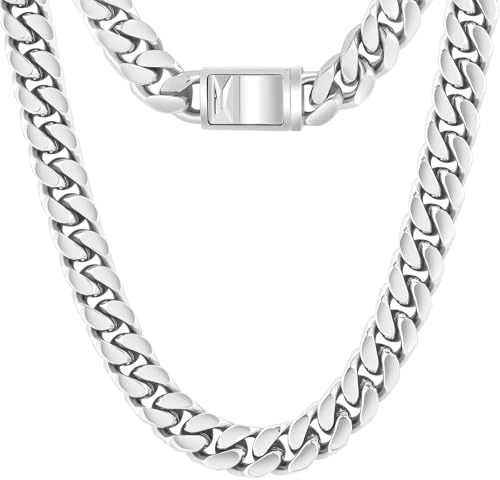 KRKC&CO Halskette Herren Silber, 12mm Massive Dicke Edelstahl Panzerkette, Hypoallergene Silberkette Goldektte Cuban Chain Kubanische Kette, Geschenk Herrenschmuck für Männer Jungen [Länge 51cm]