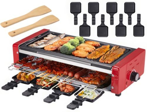 Electric Raclette Grill - Nonstick Surface, 8 Cheese Pans & 2 Spatulas, Smokeless Indoor BBQ for Parties