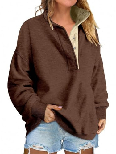 Generiskt överdimensionerade tröjor för kvinnor utan huva stående krage våffelstruktur långärmad knappslå tröja tunika sweatshirt, Ljusbrun, M